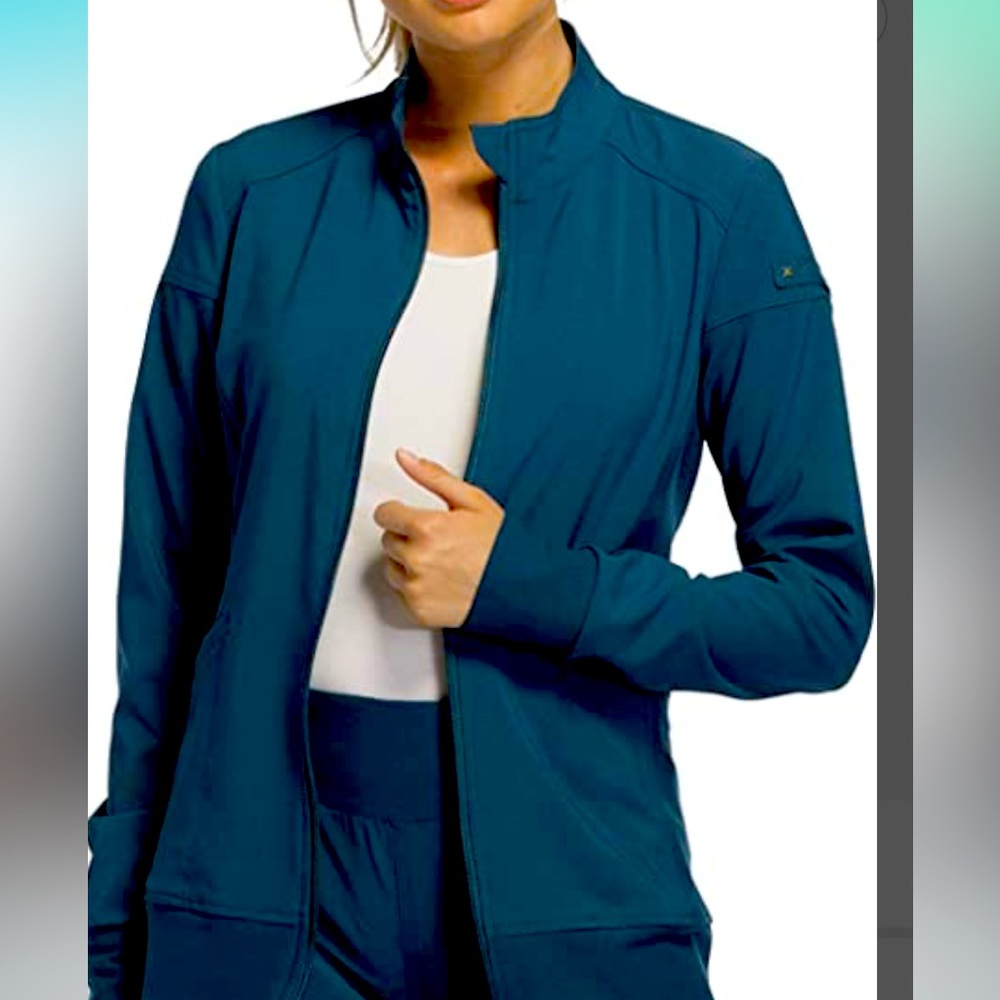 Cherokee scrub jacket in Caribbean Blue! Comfortable, easy to move in and great